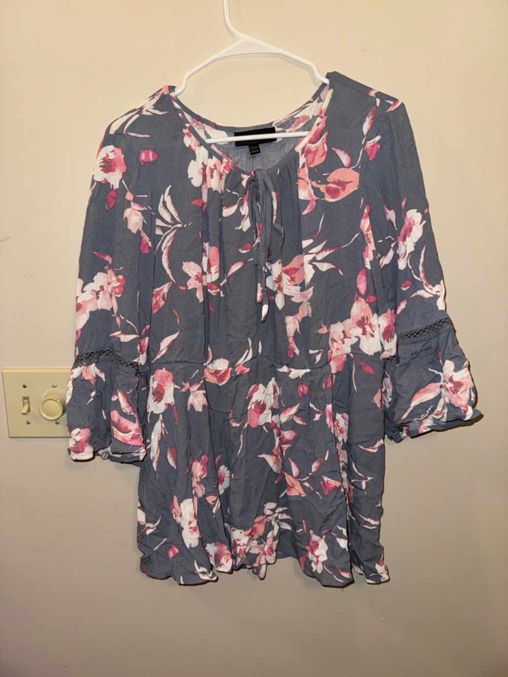 Lane Bryant Dusty Blue Floral Tie-Neck Tunic